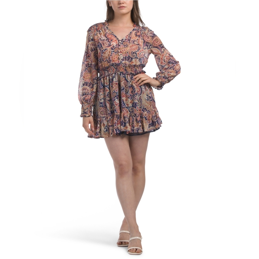 ZARA Boho Long Sleeve Mini Dress In Paisly Print, M, NWT
